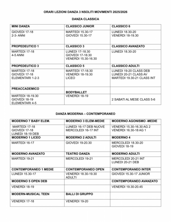 ORARIO LEZIONI 25/26 COMPLETO