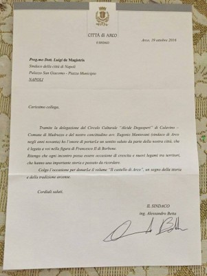 Lettera del Sindaco di Arco al Sindaco di Napoli Lettera del Sindaco di Arco al Sindaco di Napoli